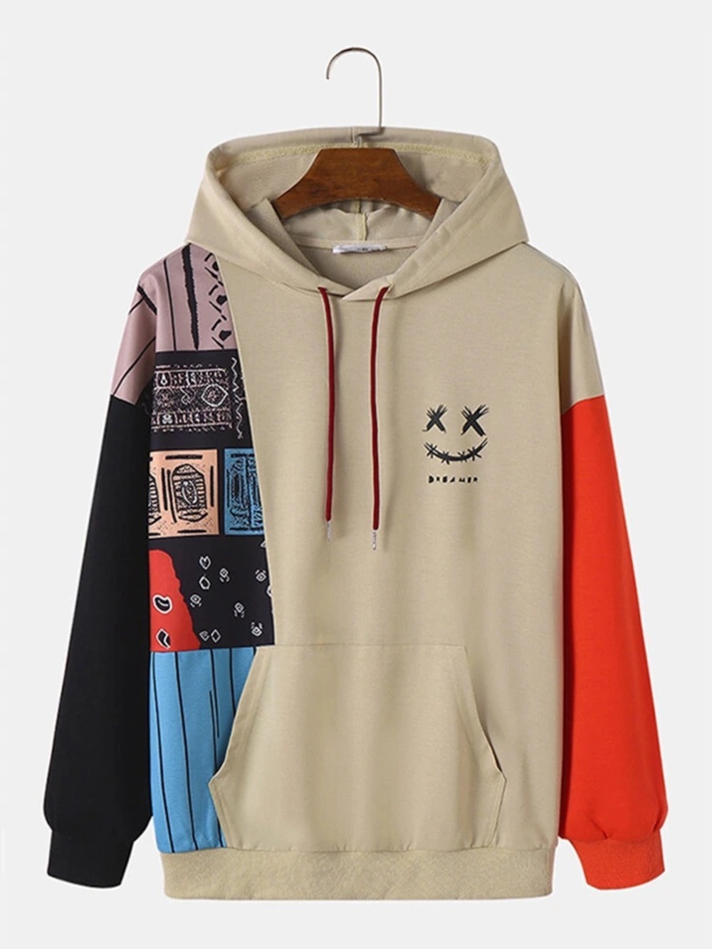 ChArmkpR Men’s Smile Print Color Block Patchwork Kangaroo Pocket Hoodies Black L